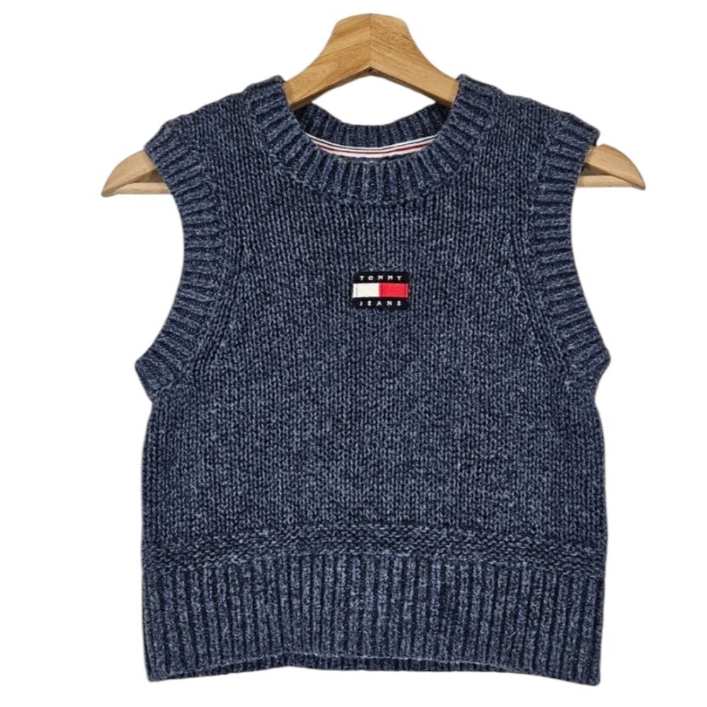 Tommy Hilfiger Logo Blue Sweater Vest womens size small preppy nautical classic